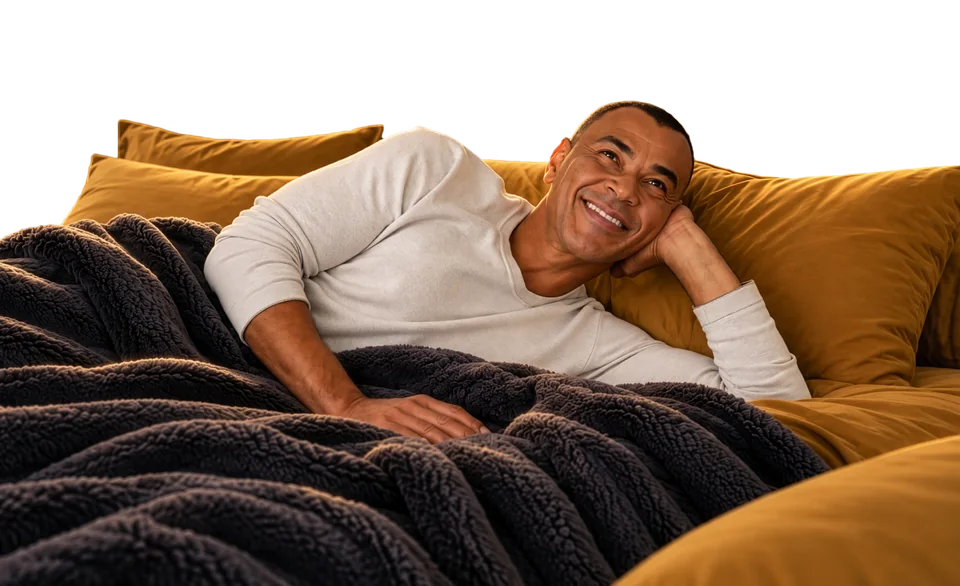 Protagonista da campanha deitado e sorridente em uma cama Sleep House, com travesseiros dourados e manta escura