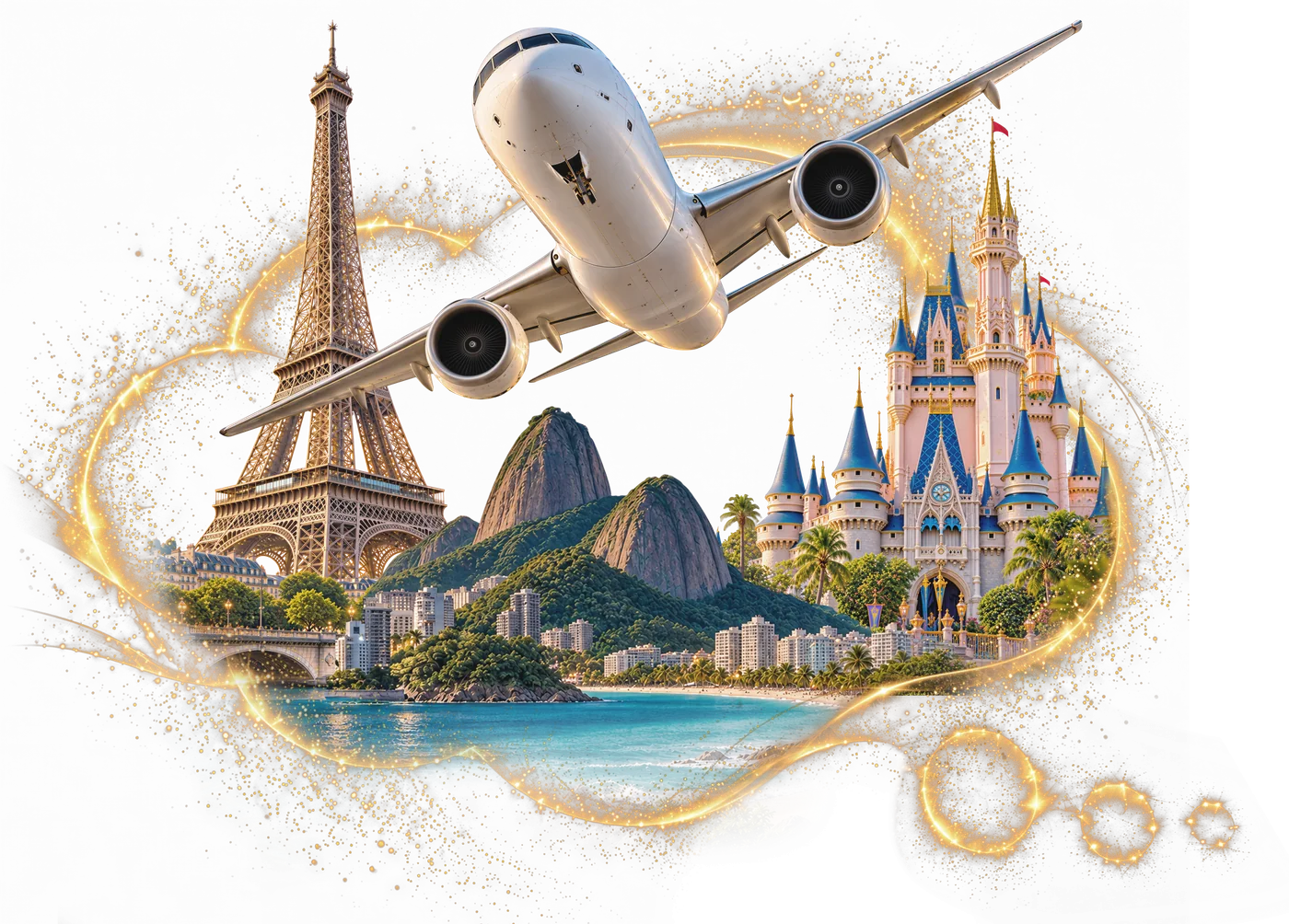 Ilustração da campanha: avião decolando sobre um sonho com paisagens de viagem, envolto por luz dourada
